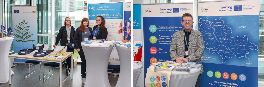 Die Fördergeber an den Repräsentationsständen. Von links nach rechts: Elisabeth Merz (STMAS), Mandy Busse (STMAS), Jucié Jirovská (Euregio-Egrensis), Thomas Horky (Regierung Oberfranken)